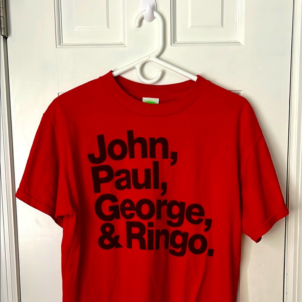 BEATLES red t-shirt - size medium. John Paul Ringo George